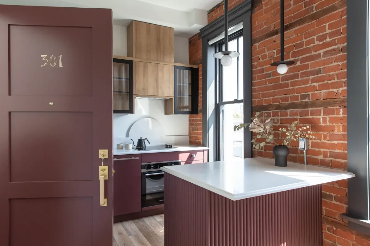 The purple door to 301 from inside the kitchen