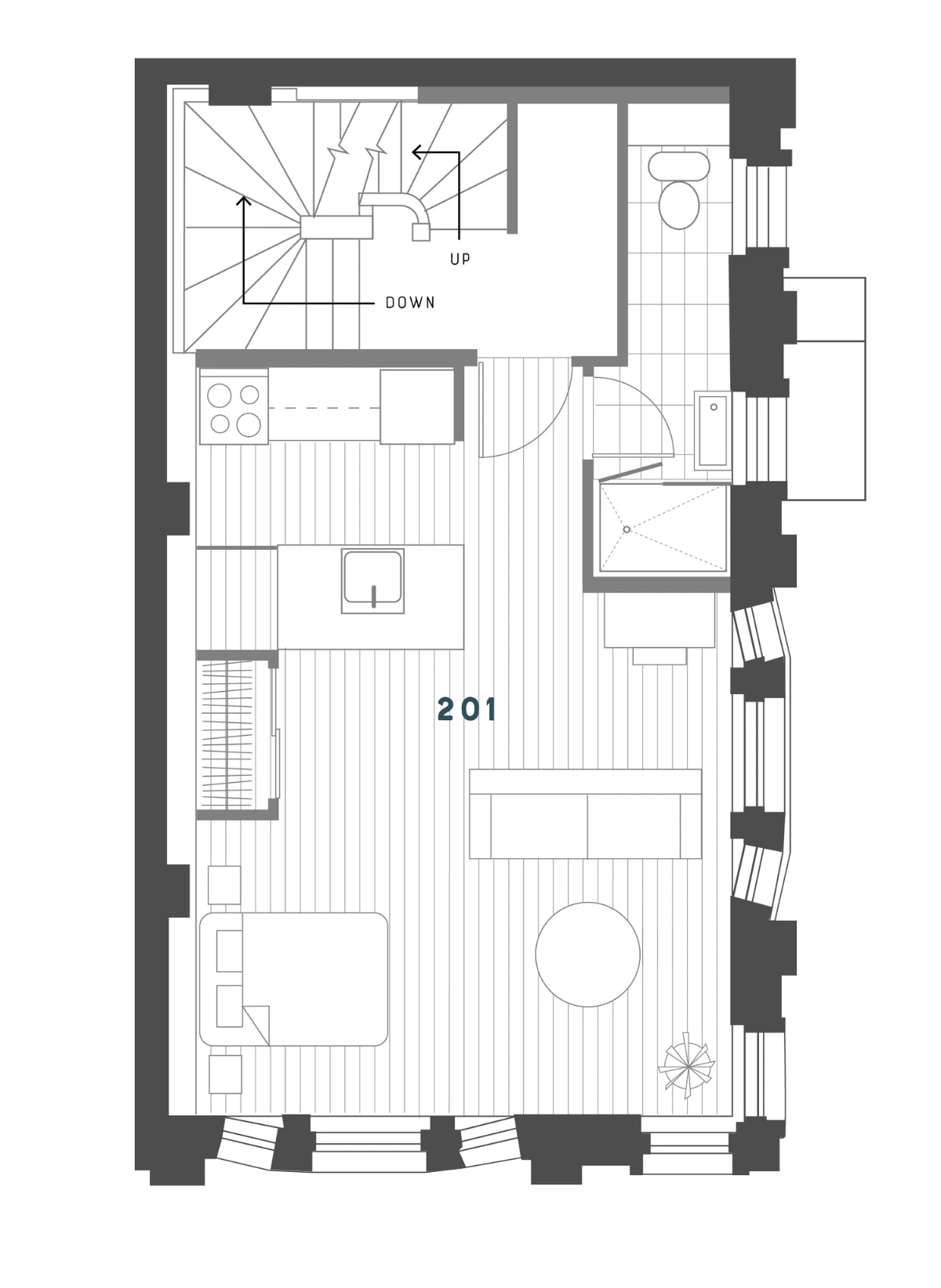Floor plan: home 201 — kitchen, bathroom, bedroom and living area