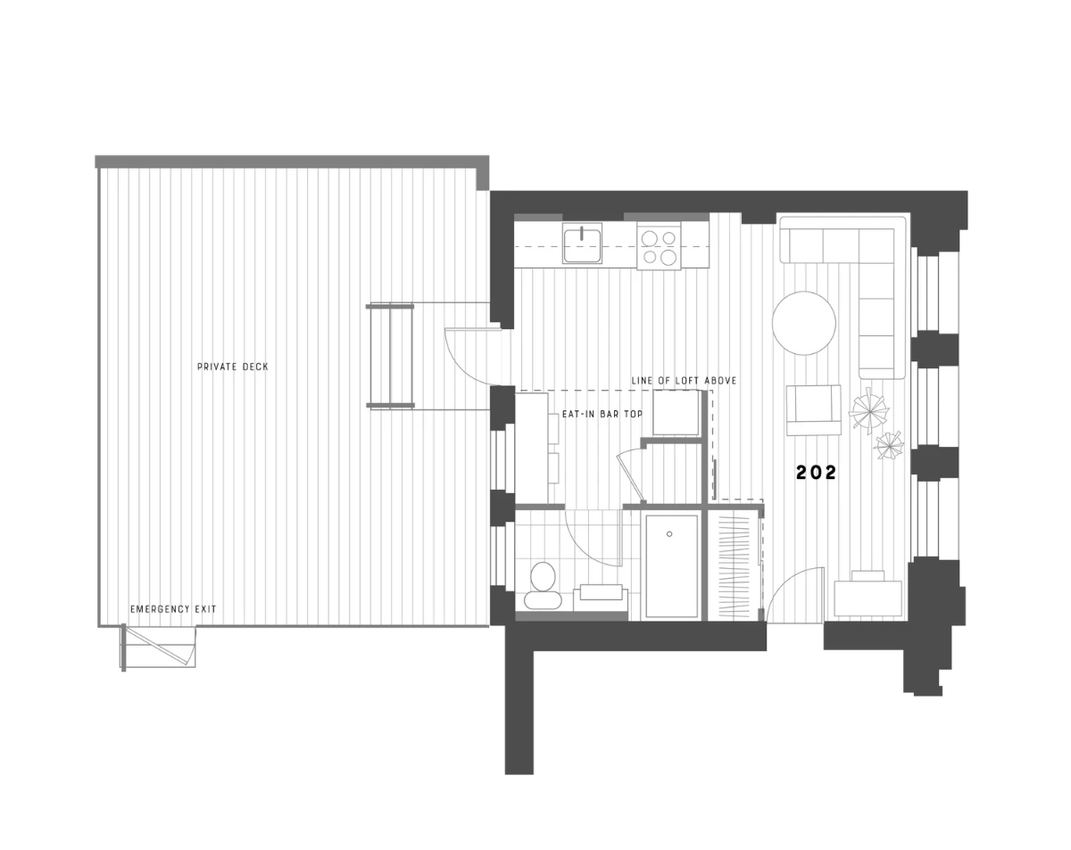 Floor plan: home 202 — living area, kitchen, bathroom and private deck