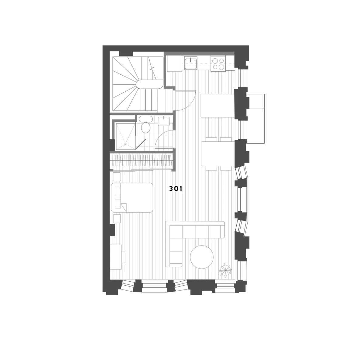 Floor plan: home 301 — living room, kitchen, bedroom, bathroom and stair