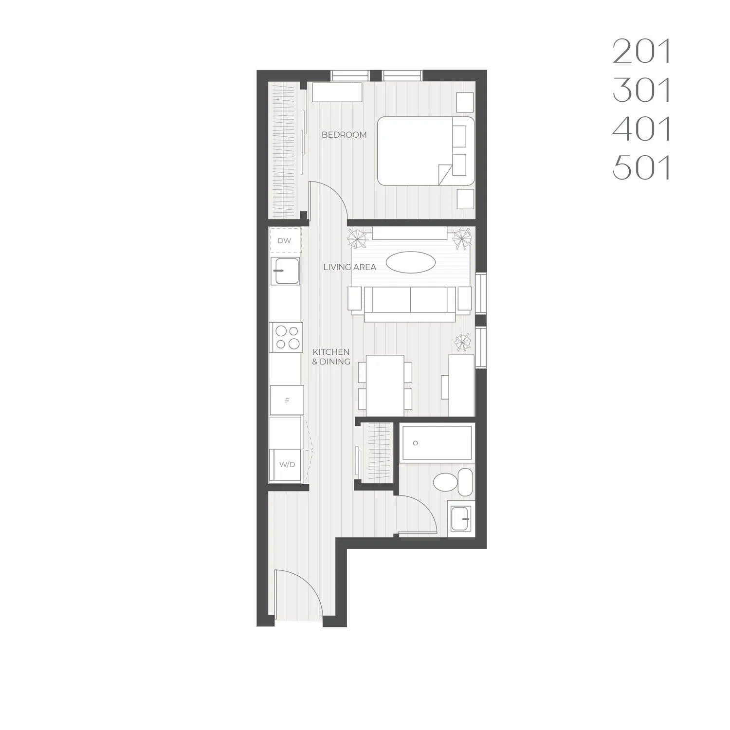 Floor plan: one bedroom, units 201, 301, 401 and 501
