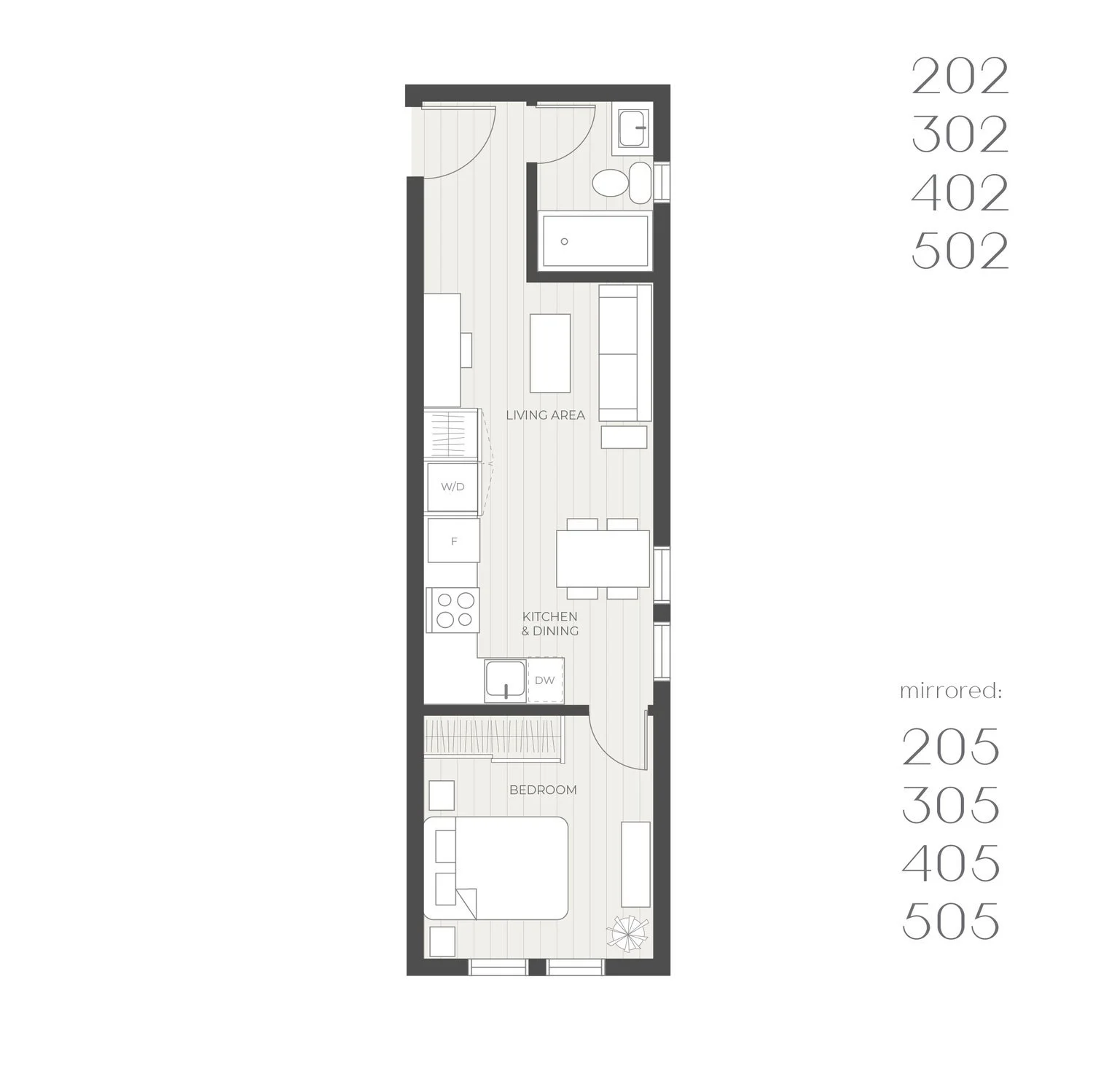 Floor plan: one bedroom, units 202, 302, 402, 502 and 205, 305, 405, 505