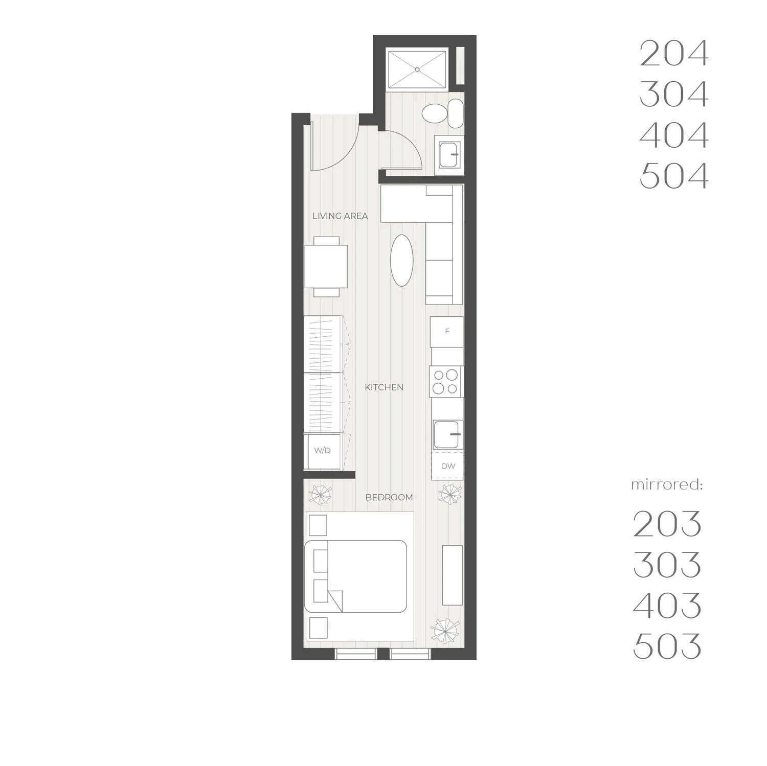 Floor plan: studio, units 204, 304, 404, 504 and 203, 303, 403, 503
