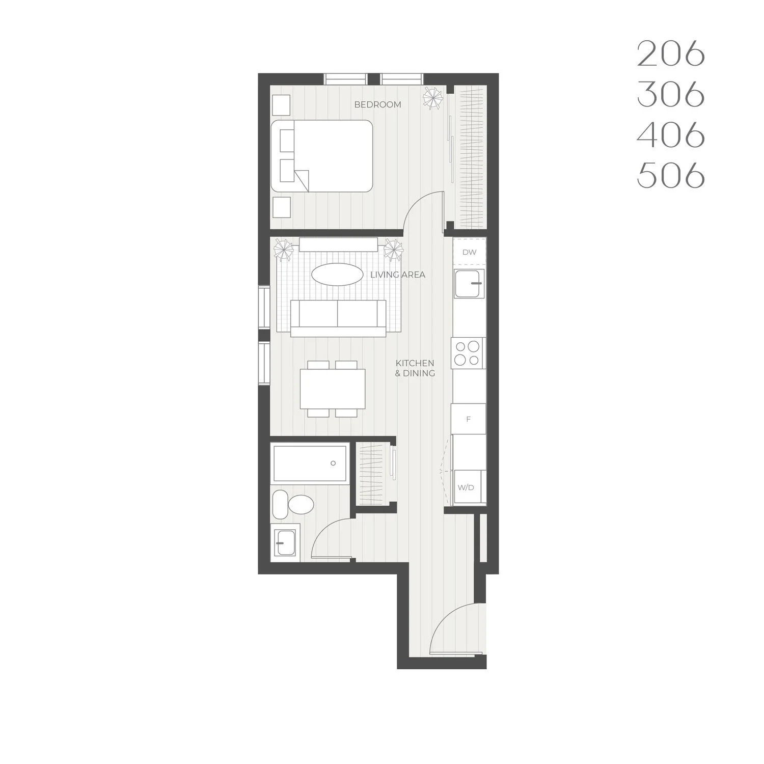 Floor plan: one bedroom, units 206, 306, 406 and 506