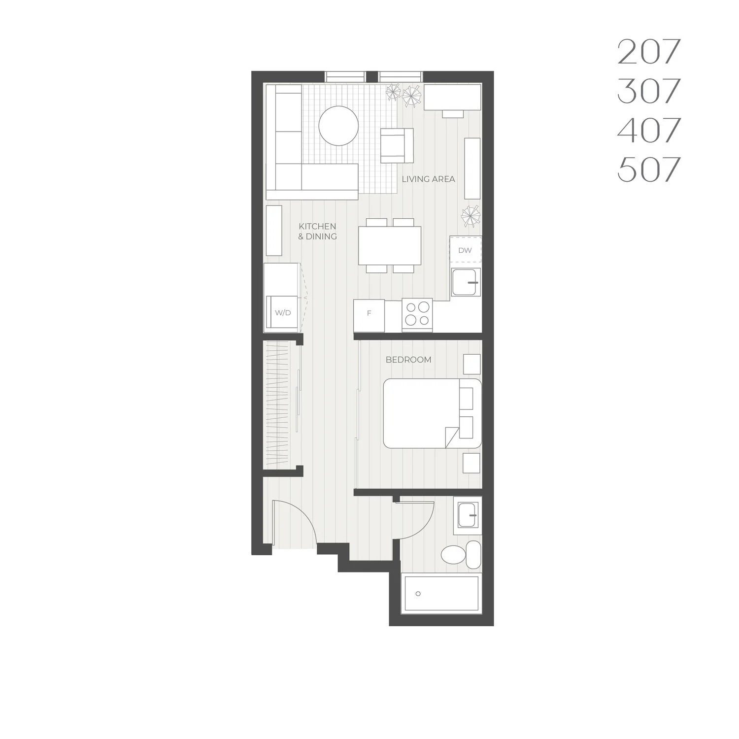 Floor plan: one bedroom, units 207, 307, 407 and 507