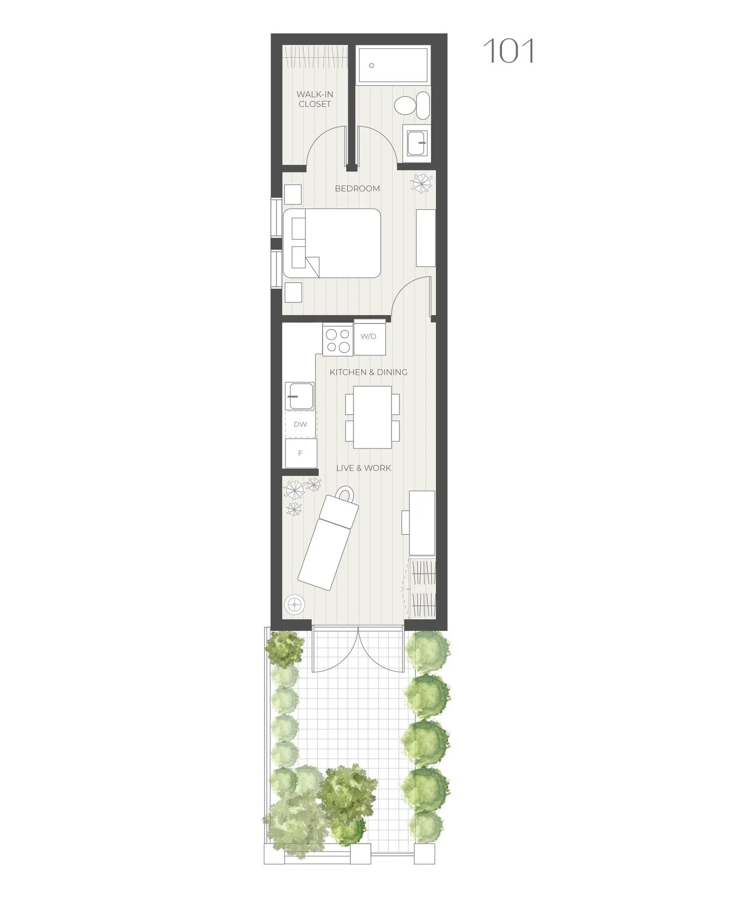 Floor plan: live/work home 101, with a garden