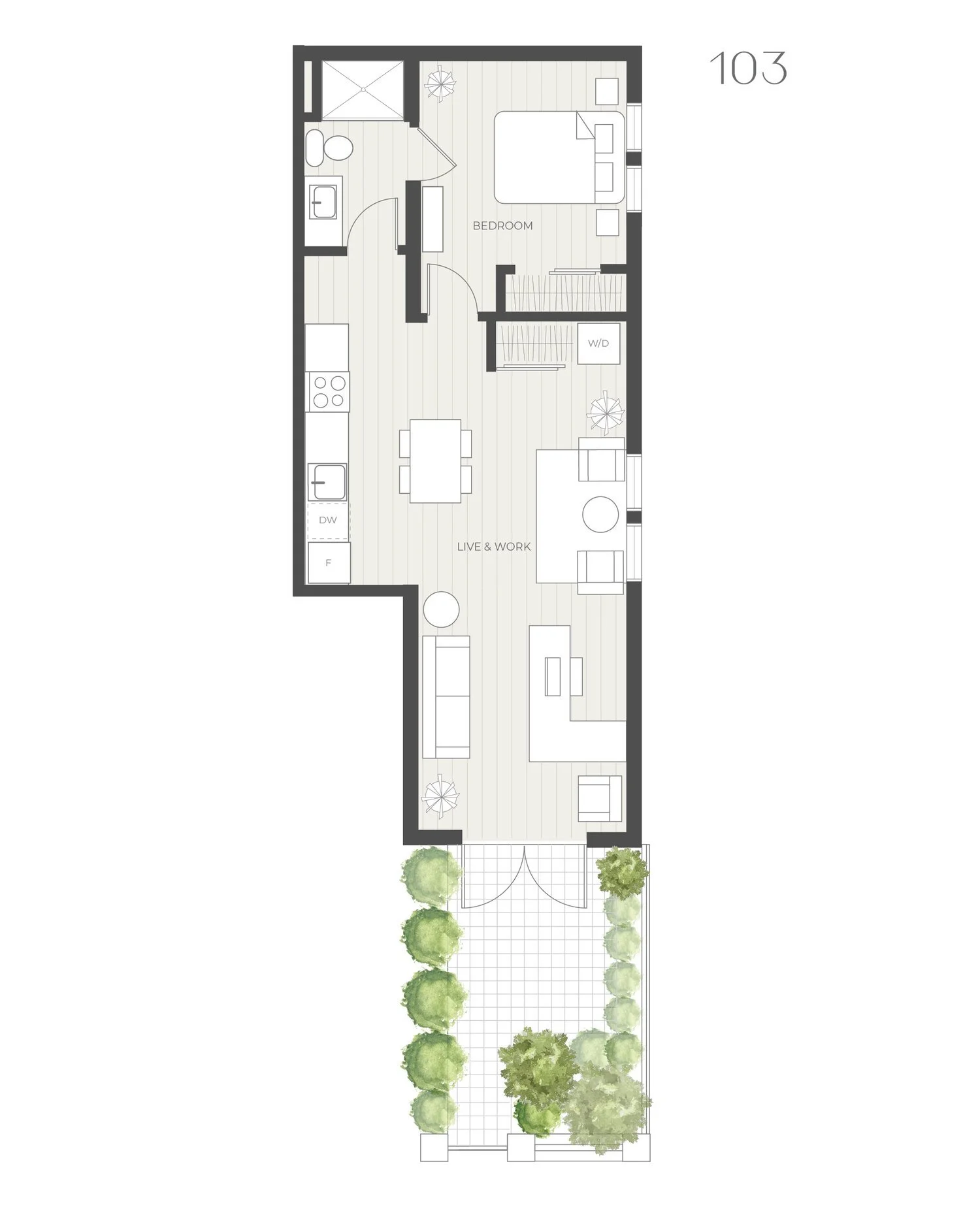 Floor plan: live/work home 103, with a garden