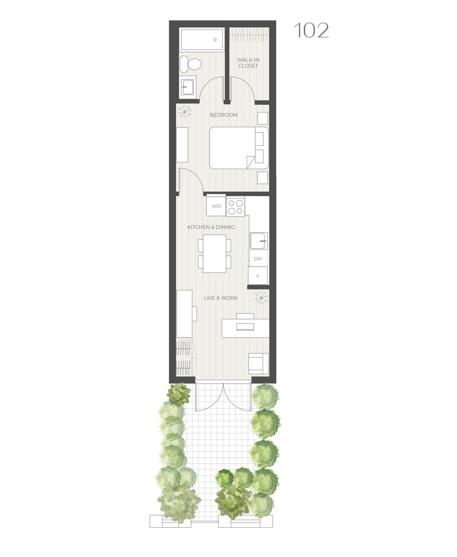 Floor plan: live/work home 102, with a garden