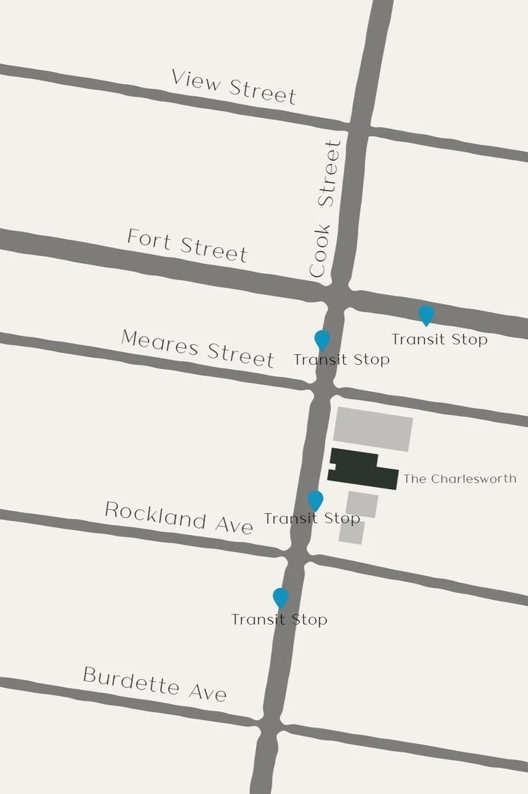 Map of The Charlesworth on Cook Street, with four transit stops marked