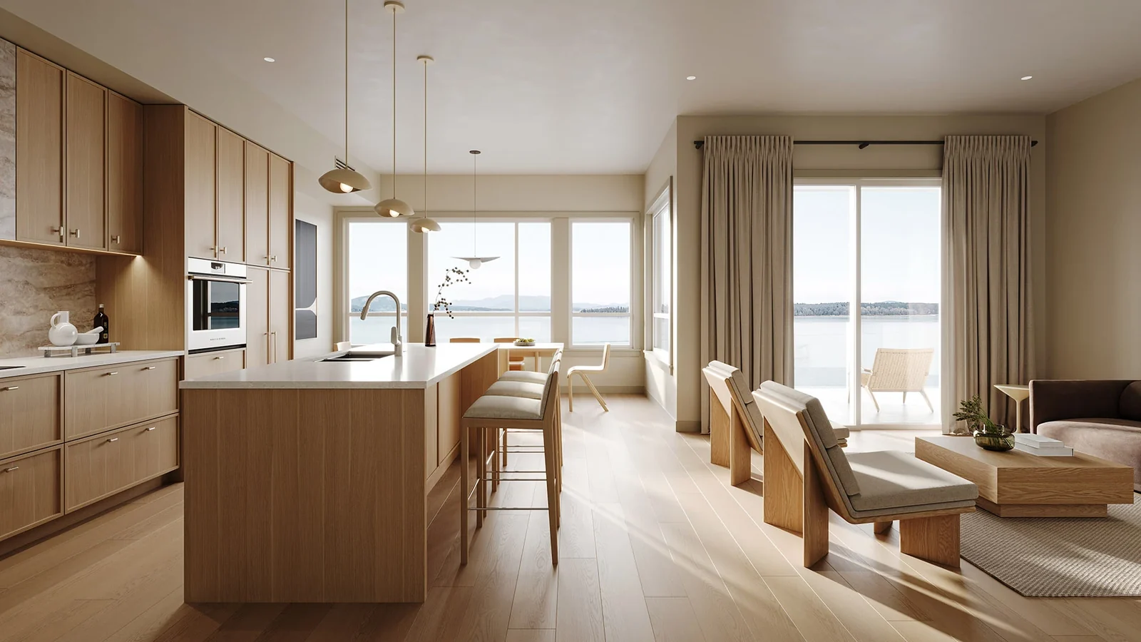 Kitchen and living room in a Coast residence, looking out to the water