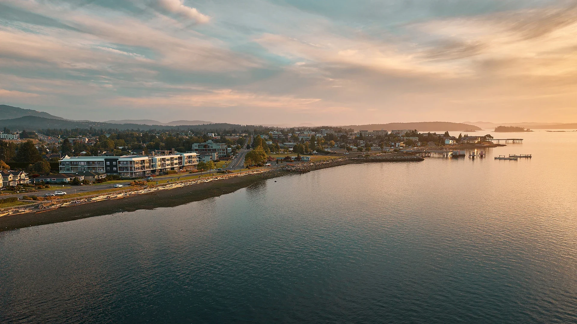 The Sidney shoreline at sunset, looking south down Lochside Drive
