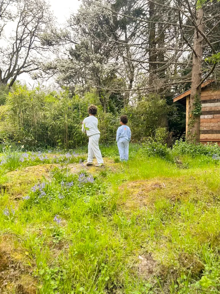 Two children walking through the bluebells toward the playhouse