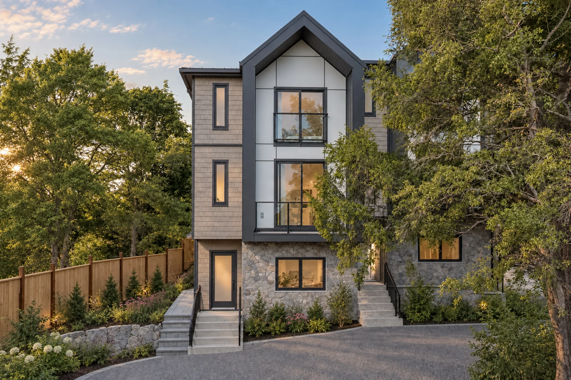 Edwin Oaks at dusk — the stone base, shingle cladding and dark gable, lit from within