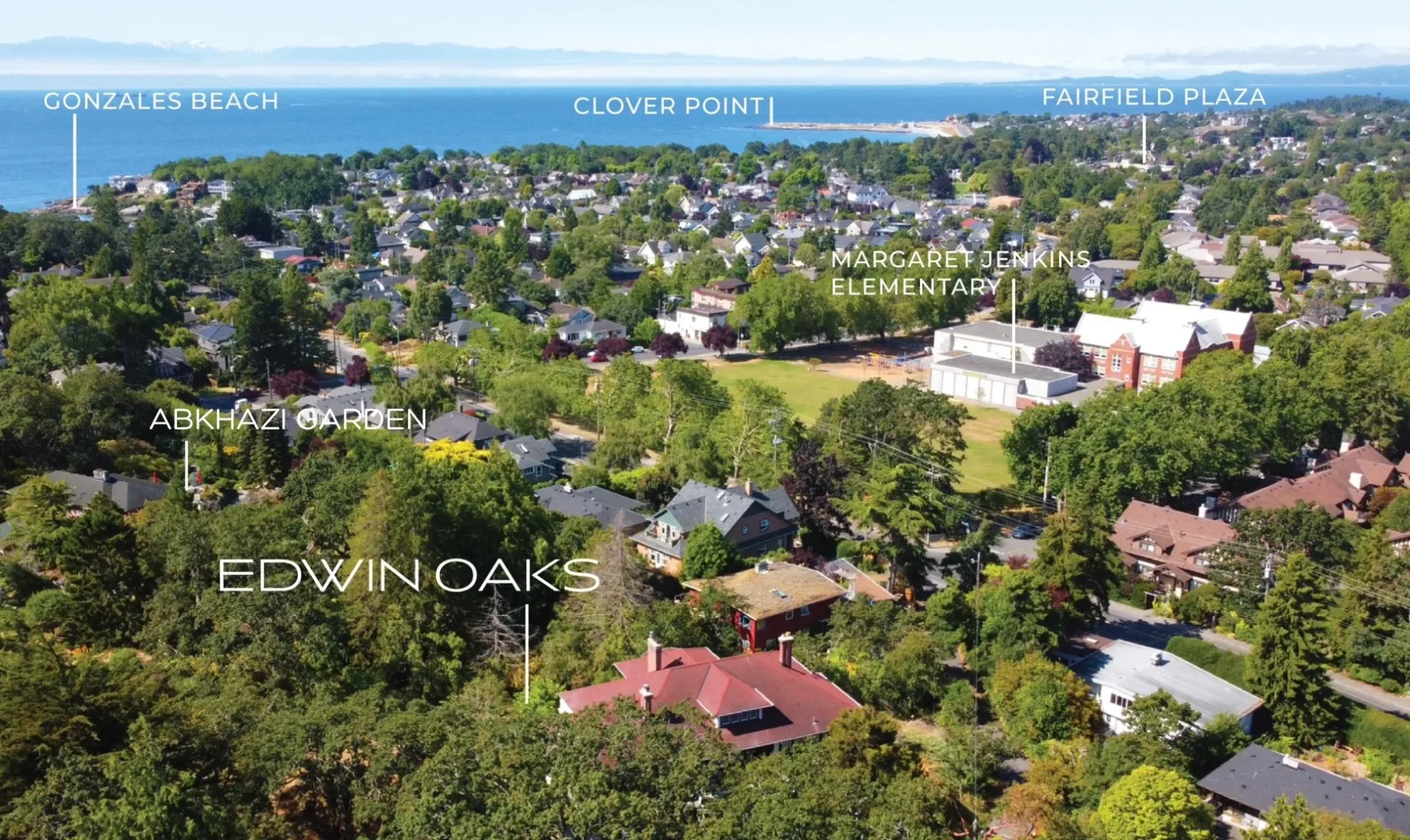 An aerial view of Fairfield–Gonzales with Edwin Oaks, Abkhazi Garden, Margaret Jenkins Elementary, Gonzales Beach and Clover Point marked