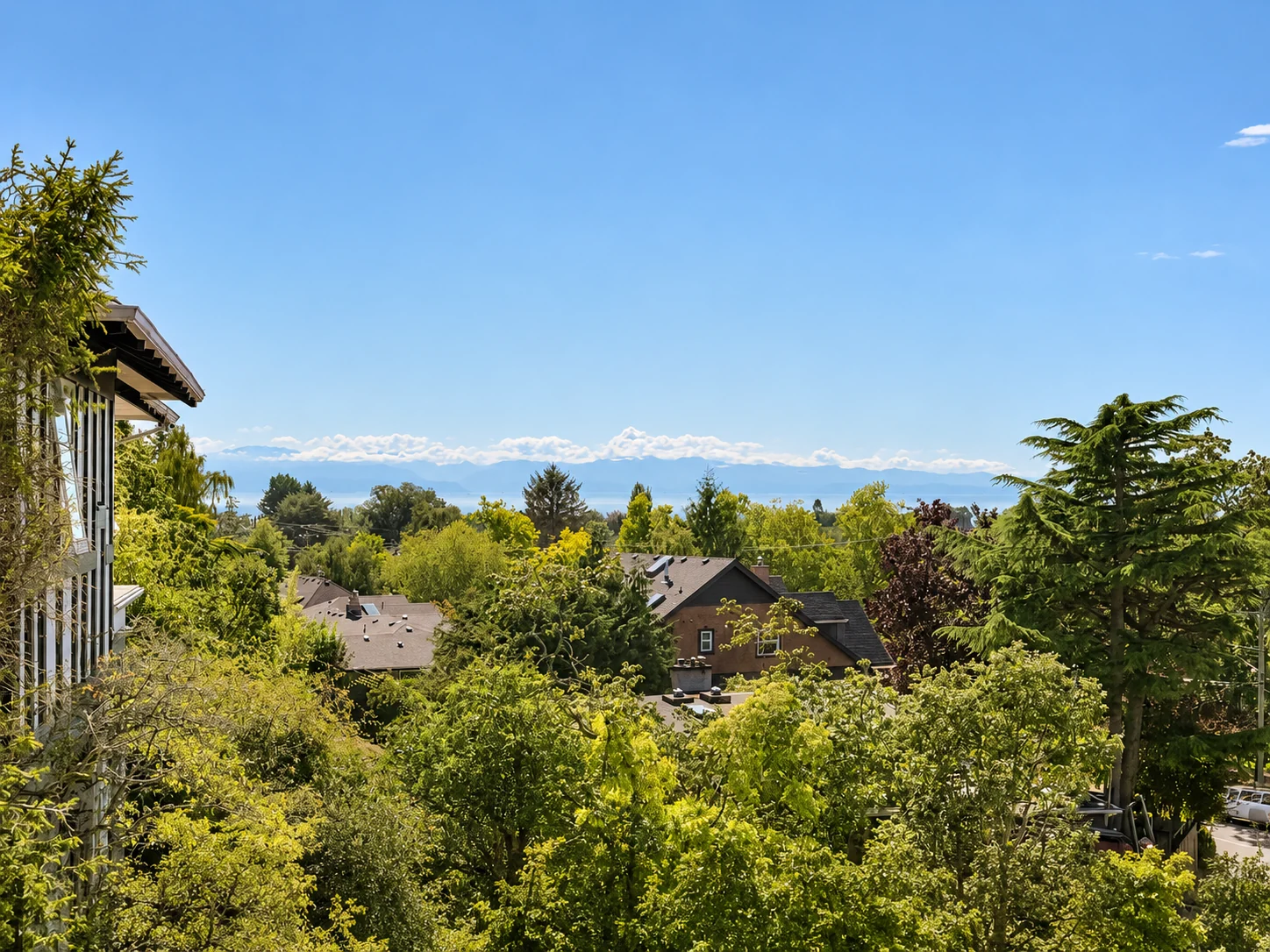 The view from Edwin Oaks across Fairfield-Gonzales to the strait and the mountains beyond