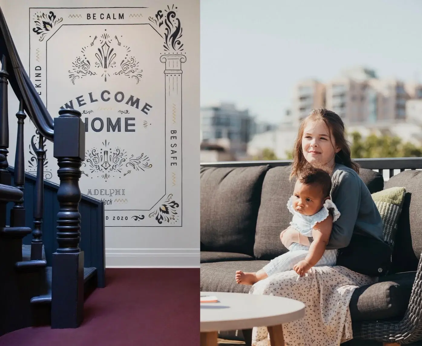 A “Welcome Home” mural beside a family in their living room