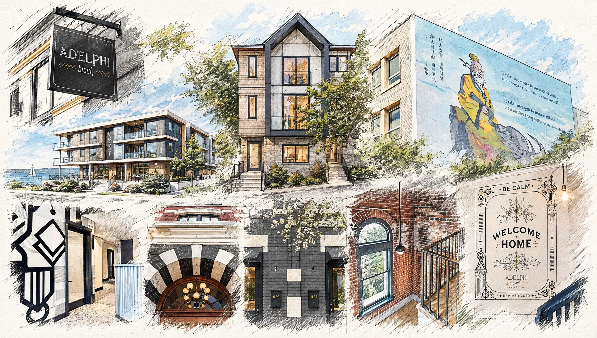 An illustrated collage of GMC buildings — the Adelphi Block sign, a waterfront building, the Charlesworth mural, brick arches, restored interiors and the Adelphi’s Welcome Home plate