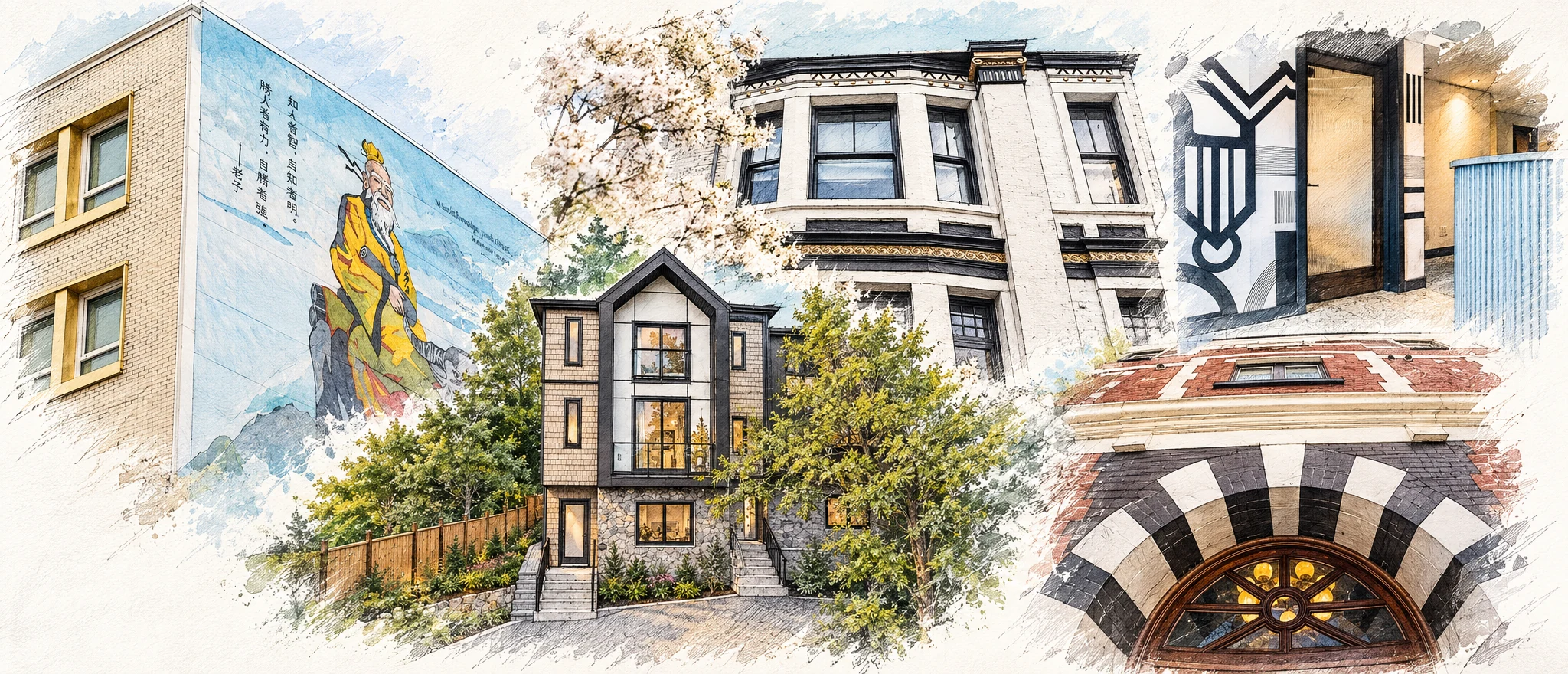 An illustrated collage of GMC buildings: the Charlesworth sky mural, a townhome on Foul Bay Road, a heritage bay window, a black-and-white graphic wall beside a lobby door, and a striped stone arch over a fanlight