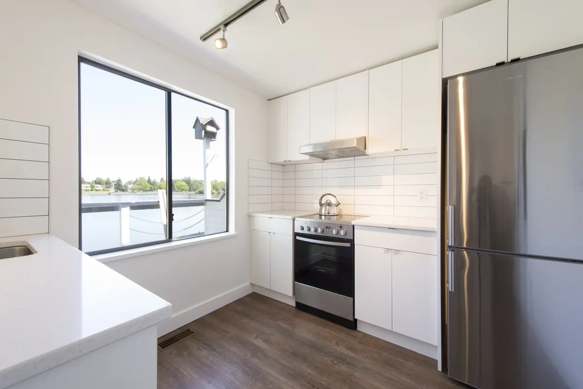 A kitchen with a window onto the Gorge