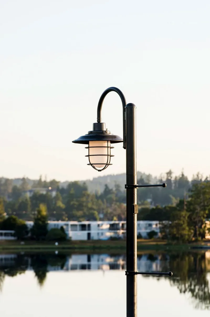 A lamp post on the Gorge walkway, the buildings and the water behind it